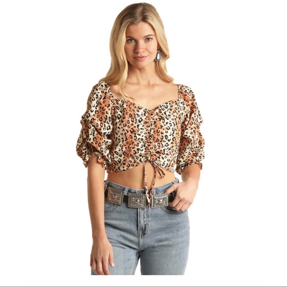 Rock & Roll Ladies Short Puff Sleeve Leopard Print Blouse Size XL